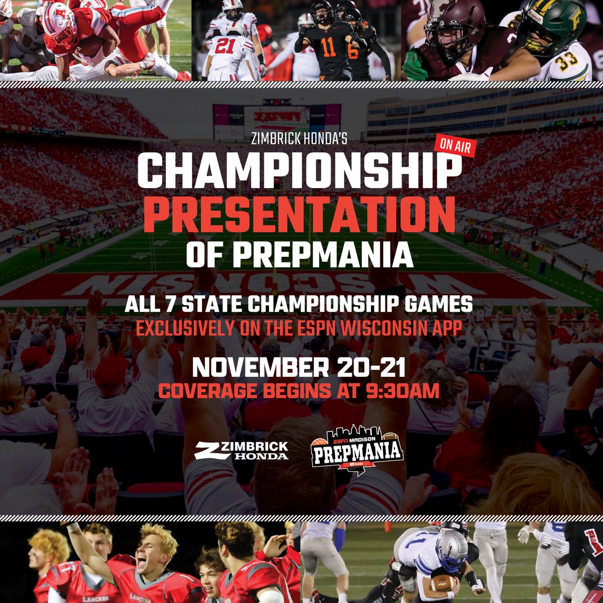 🏆 Time to crown champions

<a href="/ZimbrickHonda/">Zimbrick Honda</a>'s Championship Presentation of #PrepMania starts  at 9:30a CT. Listen on the ESPN Wisconsin app.

D7: youtube.com/live/pcNZjneGQ…
D6: youtube.com/live/PkM-uXxvI…
D5: youtube.com/live/oKES7Ppml…
D4: youtube.com/live/cH0TNv7XE…