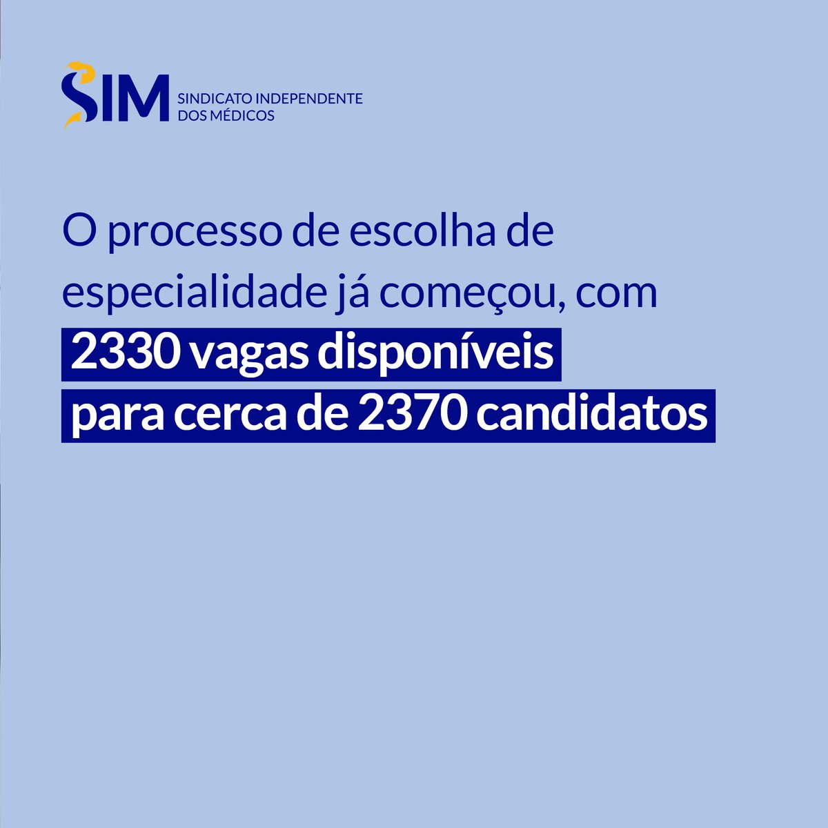 simedicos's tweet image. Comunicado: início da Escolha da Especialidade Médica

O processo de escolha de especialidade já começou, com 2330 vagas disponíveis para cerca de 2370 candidatos. Infelizmente, à semelhança do que tem acontecido nos últimos anos, o Sindicato Independente dos Médicos (SIM)…