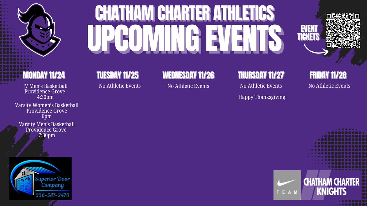 Our JV and Varsity Basketball teams travel away next week to take on Providence Grove. We wish them the best of luck! On behalf of Chatham Charter Athletics we hope everyone has a safe and happy Thanksgiving break next week! ⚔️