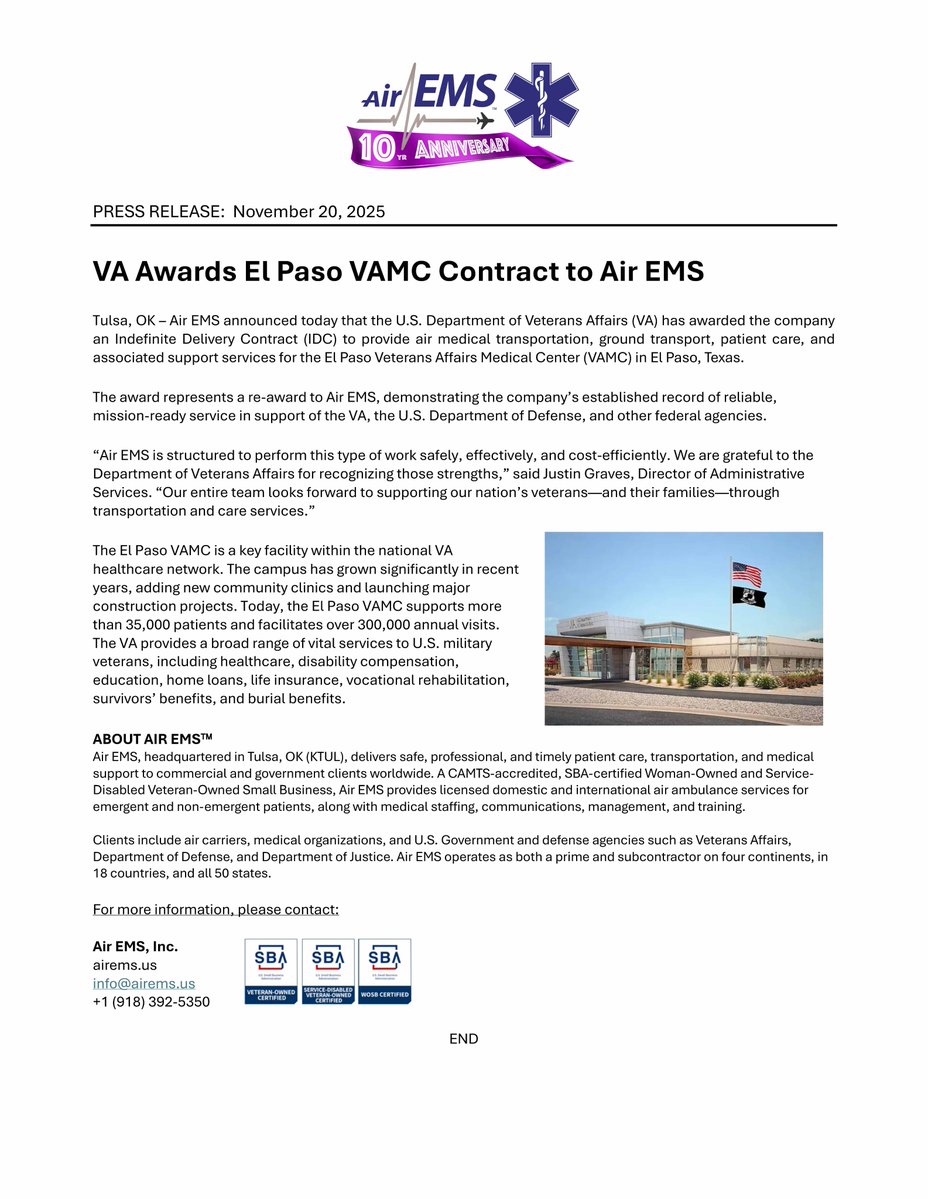 air_ems's tweet image. The U.S. Department of Veterans Affairs (VA) has awarded Air EMS an IDC contract to provide air medical transportation, ground transport, and patient care/support to the El Paso Veterans Affairs Medical Center (VAMC) in El Paso, Texas. #sdvosb #wosb #hubzone #airems #airambulance