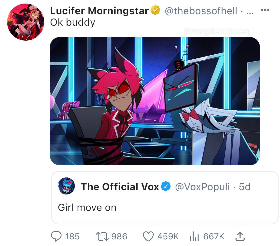 rumpleholmes's tweet image. Me liked the idea 🙂‍↕️

#HazbinHotel #Lucifer #Vox #Alastor