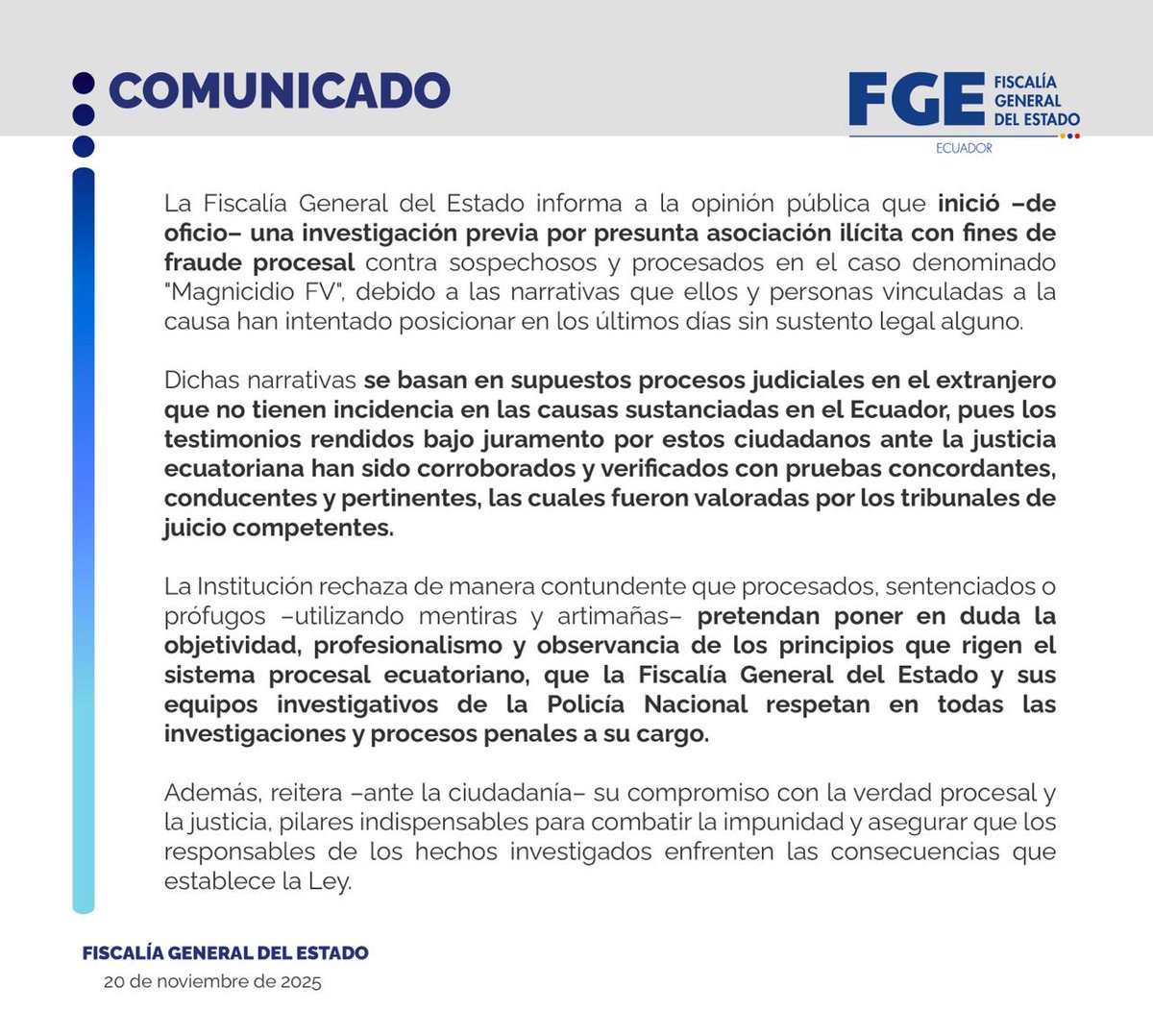 FiscaliaEcuador's tweet image. #COMUNICADO | Respecto a la intención de desviar la atención en torno a la investigación dentro del caso denominado Magnicidio FV, #FiscalíaEc informa que este será su único pronunciamiento al respecto y reitera su llamado a informarse por canales oficiales.⬇️