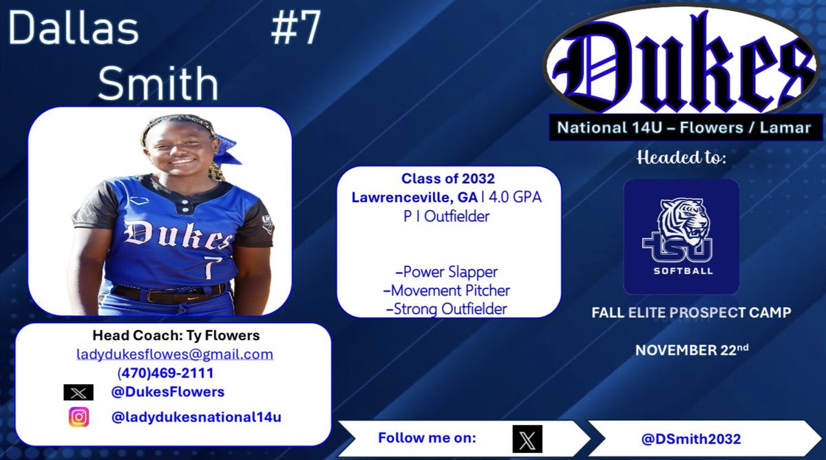 Headed to Nashville! 
<a href="/DukesFlowers/">Lady Dukes National 14u - Flowers/Lamar</a> 
<a href="/SKG_Softball/">Seckinger Softball</a>