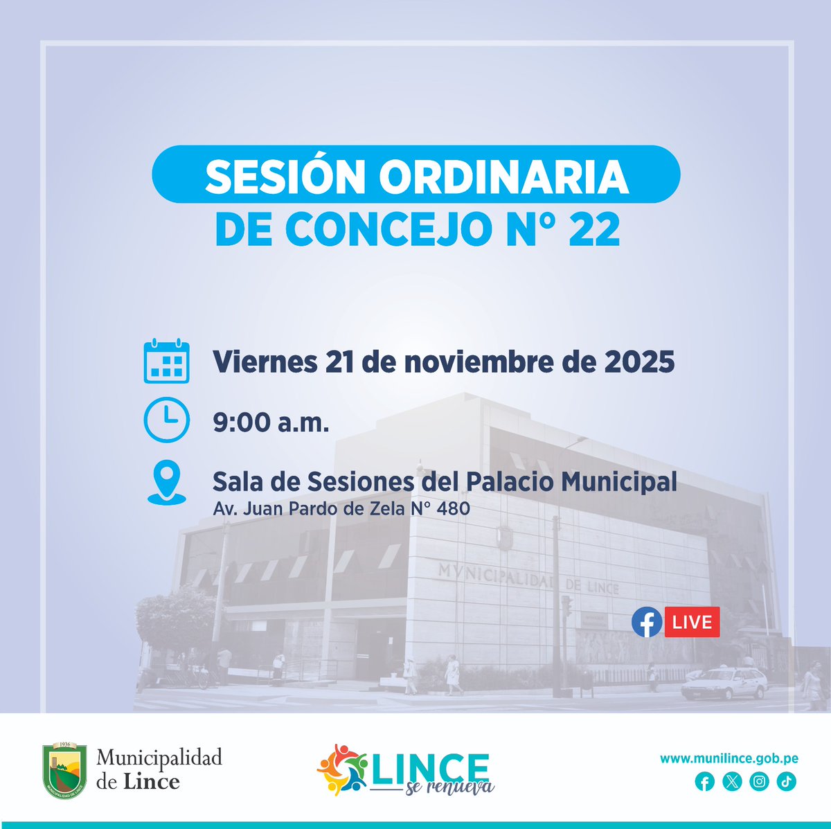 𝐒𝐞𝐬𝐢𝐨́𝐧 𝐎𝐫𝐝𝐢𝐧𝐚𝐫𝐢𝐚 𝐝𝐞 𝐂𝐨𝐧𝐜𝐞𝐣𝐨 𝐍° 𝟐𝟐
📣Si eres vecino de Lince, puedes participar de manera presencial inscribiéndote en el siguiente link:
🔗  forms.gle/WzmvbkftSvL4Ke…
🗓️ Día:21 de noviembre
⏰ Hora: 9:00 a. m.