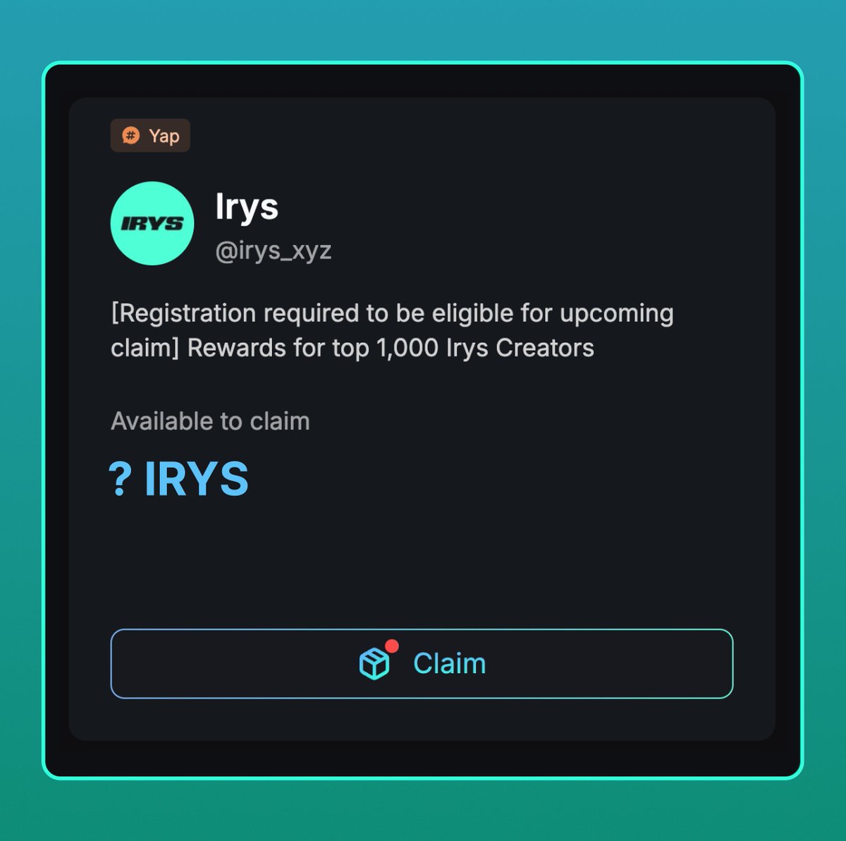 KaitoAI's tweet image. The @irys_xyz airdrop registration is now live, with their top 1000 creators included!

Head to our Airdrops tab to see if you&apos;re eligible to then register.

You have until the Nov 24th! More details below 👇