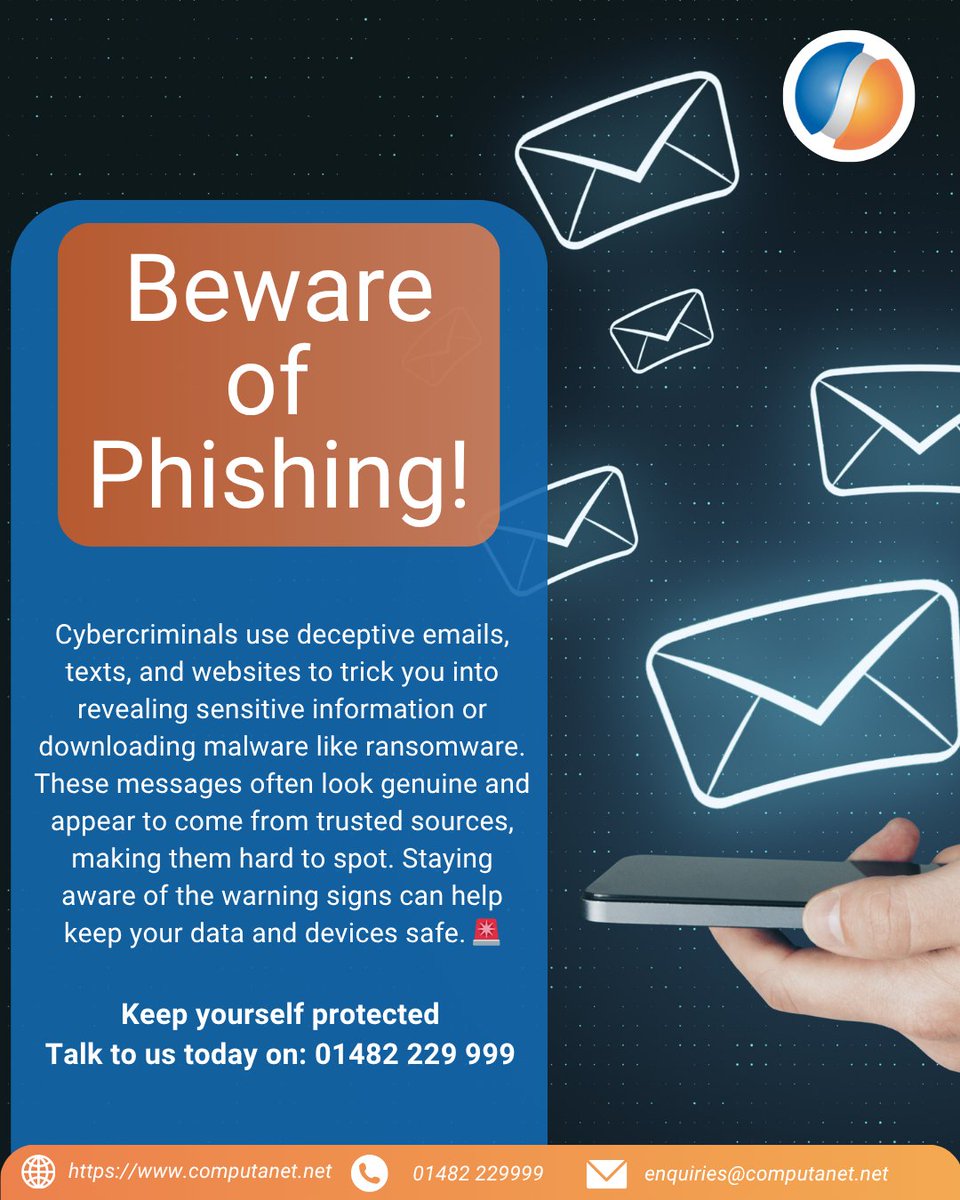 ComputanetMSP's tweet image. Don’t take the bait! 🎣
Phishing emails are designed to trick you into giving away your info. Stay sharp and stay protected.
📞 01482 229 999

#Computanet #phishing #CyberSecurity