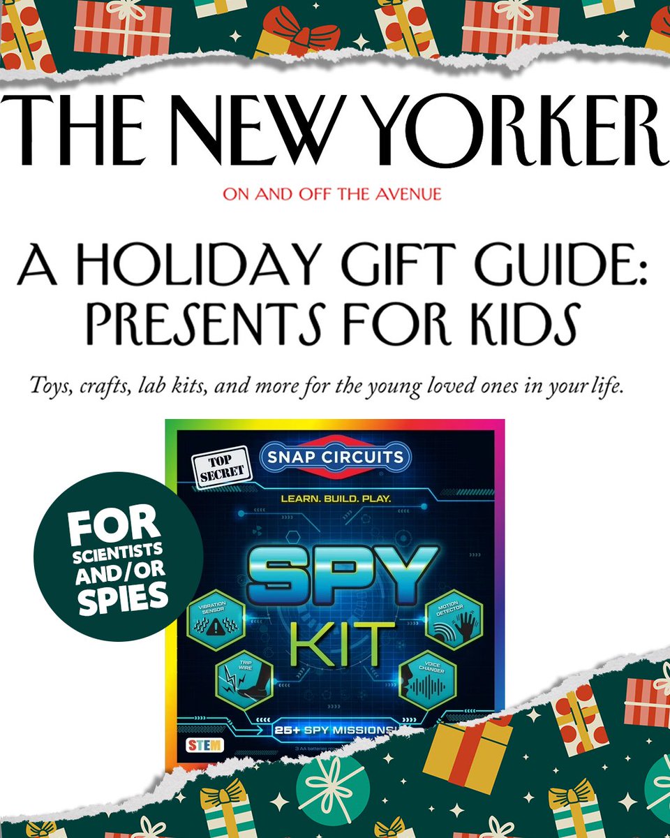 SnapCircuits's tweet image. STEM is in the air this holiday season!🎄
 
The @NewYorker has featured the Snap Circuits Spy Kit in their “Holiday Gift Guide: Presents for Kids”. Perfect for young scientists and undercover spies, this kit delivers hands-on STEM fun!
 
Learn more here:
lnkd.in/e-Ra9G2c