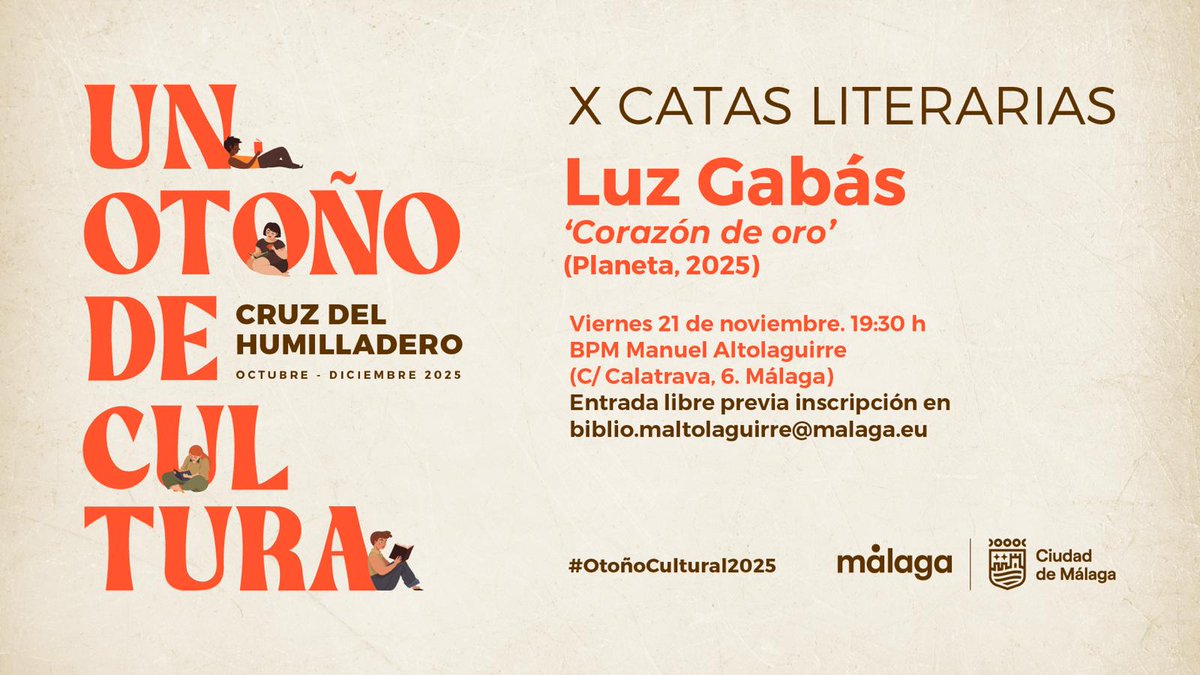 Mañana, primera sesión de las Catas Literarias, del ciclo Un otoño de cultura organizado por el <a href="/Distrito6M/">Distrito Cruz del Humilladero</a> de <a href="/malaga/">Ciudad de Málaga</a>, con Luz Gabás y su 'Corazón de oro', que publica <a href="/edit_planeta/">Editorial Planeta</a>. Vino y literatura. ¡No digo más! Os esperamos. 🍁