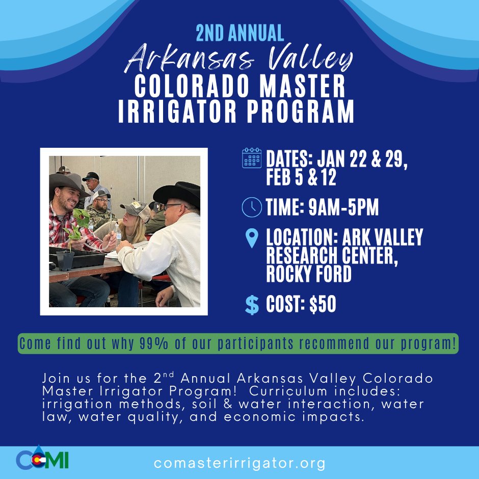 CoIrrigator's tweet image. 🌱 Ready to level up your irrigation skills?
The 2nd Annual Arkansas Valley Colorado Master Irrigator Program is back!
👉 Learn more &amp;amp; register: comasterirrigator.org