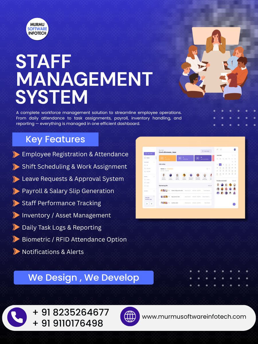 MurmuSoftware's tweet image. Manage Your Team Smarter — Not Harder
Still juggling attendance, payroll, tasks, and approvals manually
Our Staff Management System brings your entire workforce under one smart dashboard.
📲 +91 9110176498
🌐 murmusoftwareinfotech.com

#staffmanagement #workforcemanagement