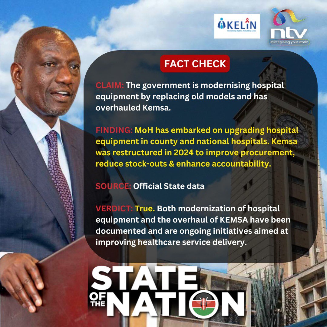 EricLatiff's tweet image. Fact Check:

CLAIM: The government is modernising hospital equipment by replacing old models and has overhauled Kemsa.

FINDING: MoH has embarked on upgrading hospital equipment in county and national hospitals. Kemsa was restructured in 2024 to improve procurement, reduce…