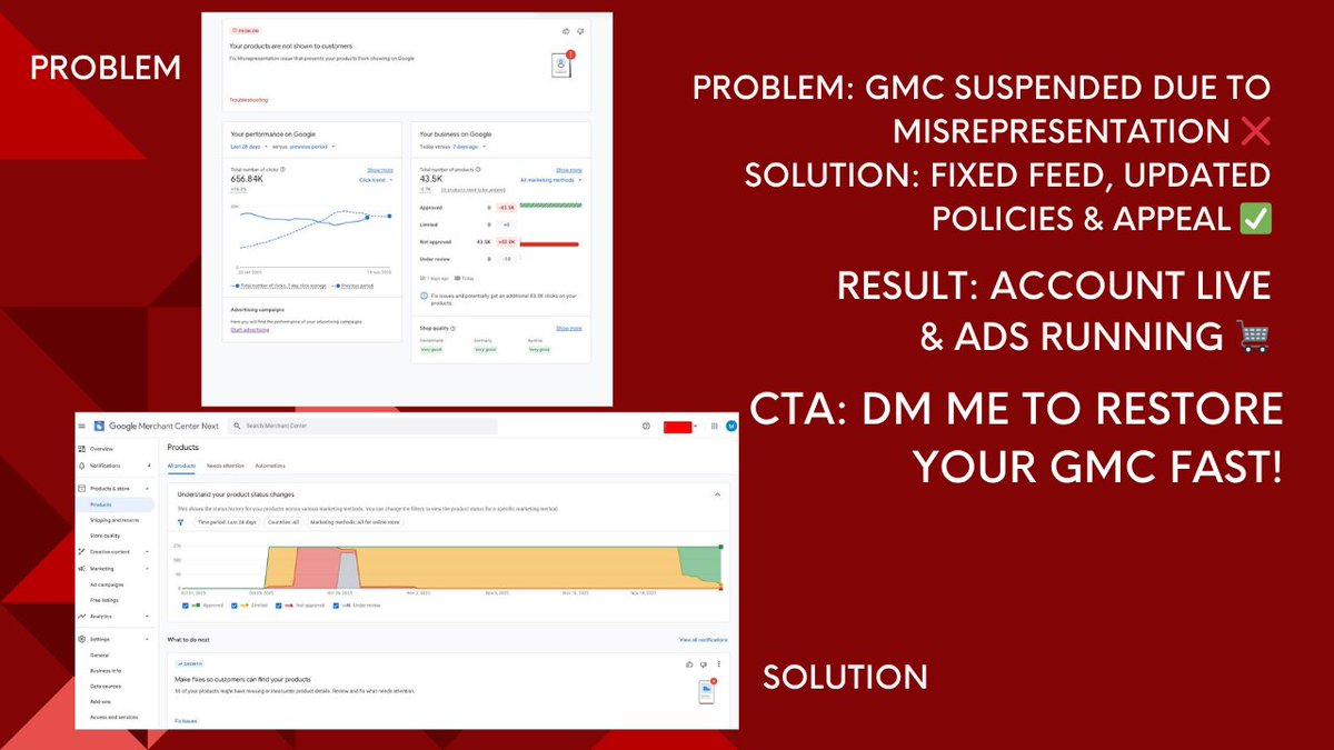 fixgmcbyjoy's tweet photo. Are your Google Ads getting rejected repeatedly?
Merchant Center Policy Issue.
I Analyze &amp; Fix Your Account.
Ads Approved, Revenue Increase.
CTA: Contact Today. WhatsApp: https://t.co/AdzVUUmDFl
Ads Rejected? Fix Merchant Center and Get Ads Approved. DM. #GMCFixing #EcommerceAds https://t.co/8dG1JJuO2i