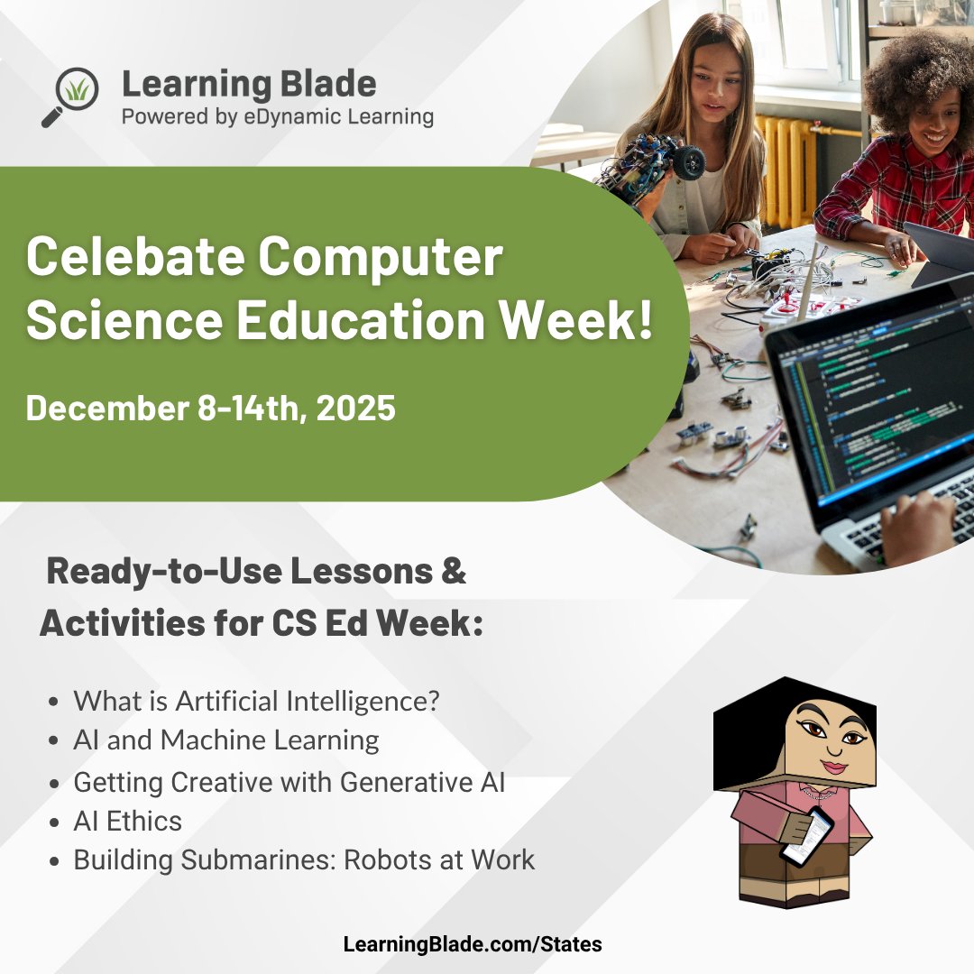 SoutheastRPDC's tweet image. Inspire students to explore the world of computer science during Computer Science Education Week (Dec 8–14) without the stress of planning. Learning Blade has created a complete CS Ed Week plan for you: tinyurl.com/mprz6p5m. 

Get started for FREE at LearningBlade.com/States
