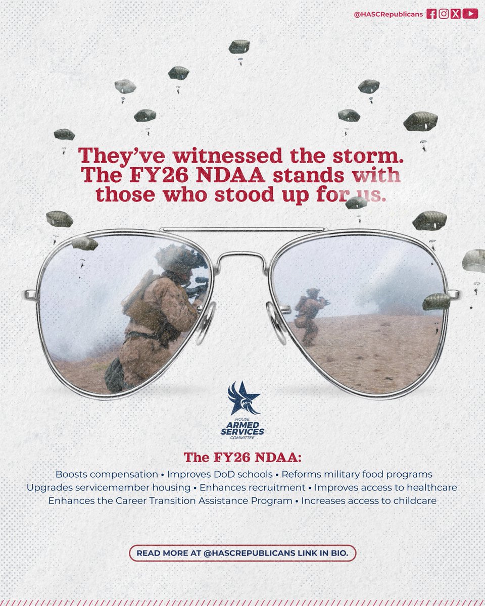 HASCRepublicans's tweet image. They stood up for us. We have to take a stand for them.

The FY26 NDAA honors our servicemembers with investments in upgrading military housing, healthcare, childcare, and a well-earned pay raise for all enlisted.

@HASCRepublicans are ensuring America&apos;s warriors have the support…