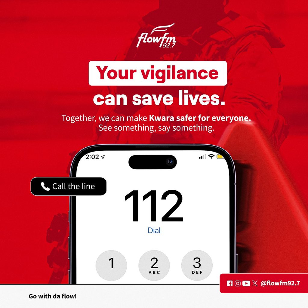 lakayafire's tweet photo. It's a period of vigilance.  Across the state. 

If you see something, please say something.  

Call 112 to report any strange movement around you.  

Let's secure Kwara together.

#FlowFm927 https://t.co/6h9krnjrWj