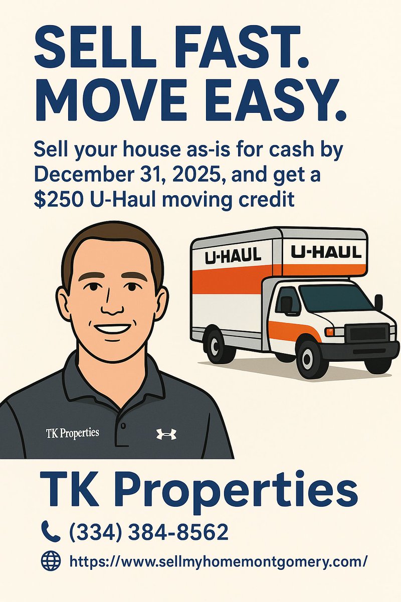 tkinvestmentsgr's tweet image. 🍂 Still moving this fall?
Make it simple with our “Move With Ease” U-Haul Credit Promo!
Sell your home to TK Properties and get extra help with your move.
📦 We handle the hard part — you keep moving forward.
#MoveWithEase #TKProperties #FallPromotion #SellMyHomeMontgomery