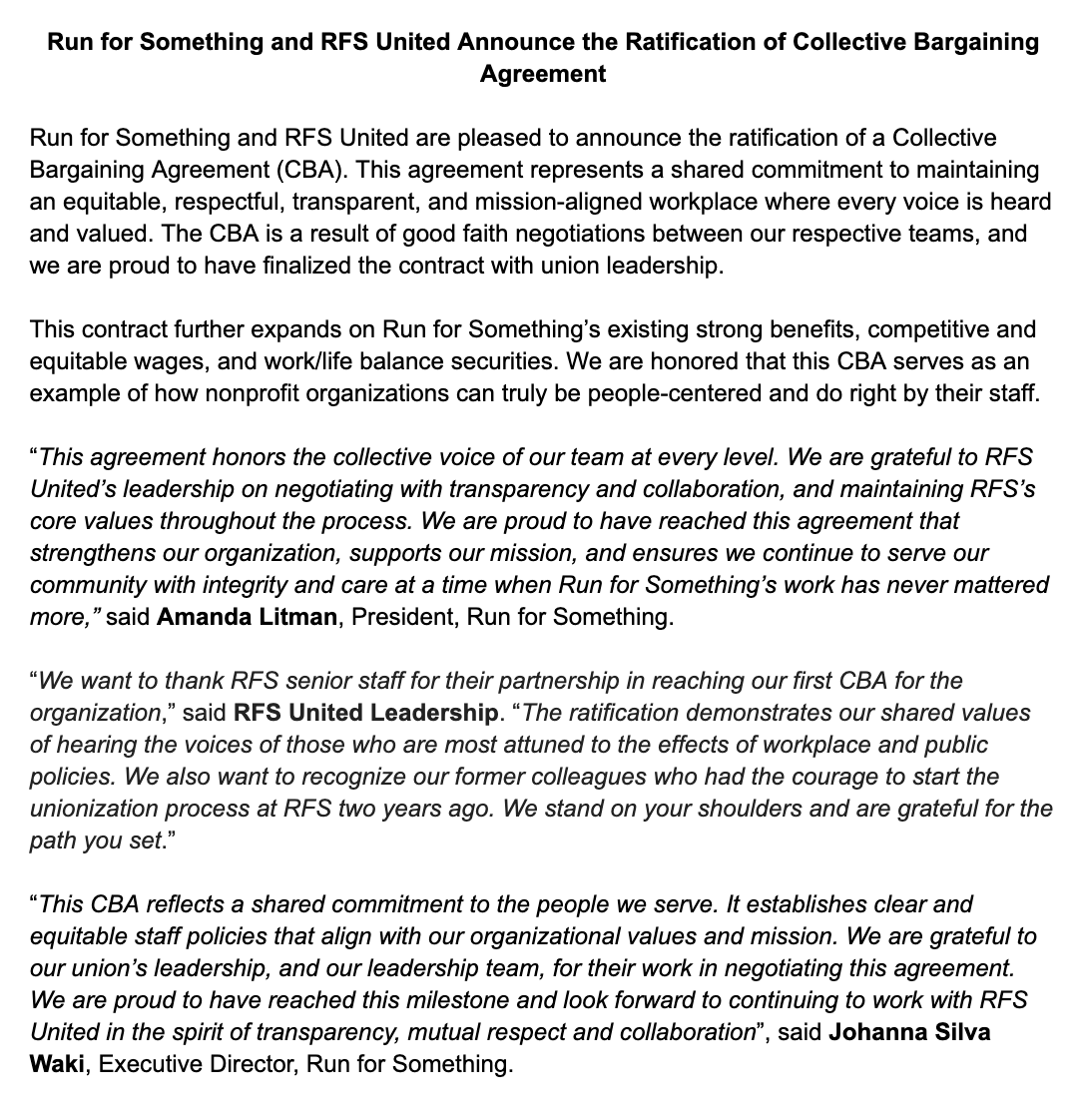 runforsomething's tweet image. Run for Something and RFS United officially ratified a CBA – a shared commitment to maintaining an equitable, respectful, transparent, and mission-aligned workplace where every voice is heard and valued. Full statement below: