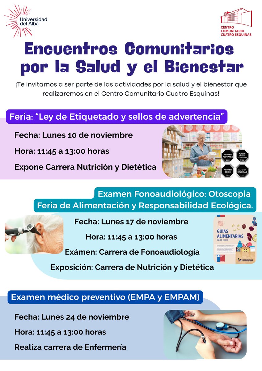 CentroCCCE's tweet image. ✅Reiteramos que este próximo 24 de noviembre tenemos en nuestro 📌Centro Comunitario una jornada médico preventiva con exámenes gratuitos EMPA y EMPAM, a cargo de carrera de Enfermería de la Universidad del Alba.