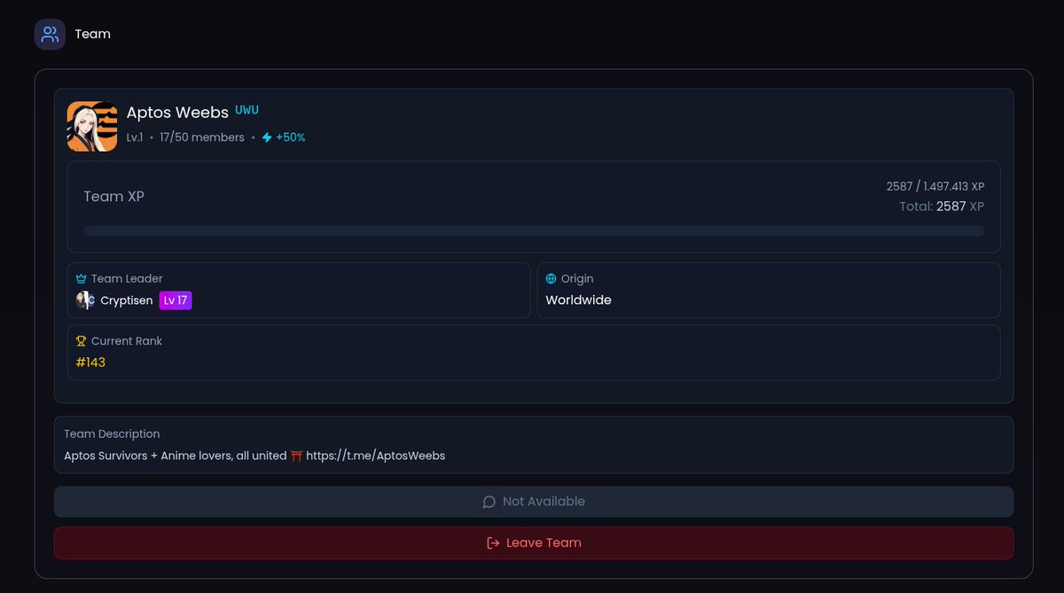 Let's join to the team <a href="/AptosWeebs/">Aptos Weebs「⛩️」</a> in <a href="/pryzm_gg/">Pryzm</a>  and have chance to get #Airdrops if we win the competition. What you need to do is:

1- join to Pryzm app.pryzm.gg/r/SPIELCRYPTO
2- go to My and in team add UWU
3- to get 10k xp extra in referral write SPIELCRYPTO