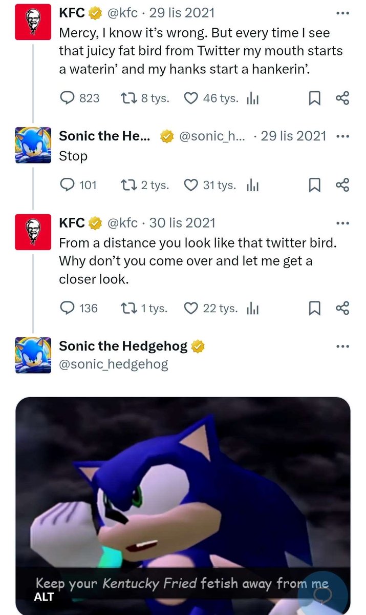 WybrednaCholera's tweet image. Remember how KFC was freaky towards Sonic?
Some things never change.