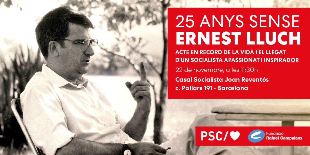 Aquest dissabte les i els <a href="/socialistes_cat/">Socialistes PSC/❤</a> i la <a href="/FCampalans/">Fundació Campalans</a> ens unim per a recordar Ernest Lluch, l'impulsor del sistema públic, universal i gratuït de salut al nostre país. Esteu totes i tots convidades i convidats!

📆 Dissabte 22 de novembre 
⏱️ 11:30 h. 
🚩 C. Pallars 191