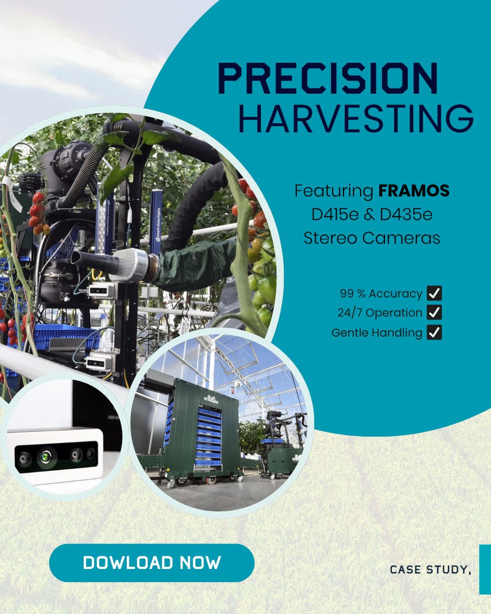 framosimaging's tweet image. With FRAMOS D415e and D435e stereo cameras, the GR-100 robot navigates dense foliage, detects obstacles, and identifies ripe fruit with over 99 % accuracy.

📘 Download the full case study to explore the results: bit.ly/4oafYX6?utm_ca…

#FRAMOS #FourGrowers #agriculture