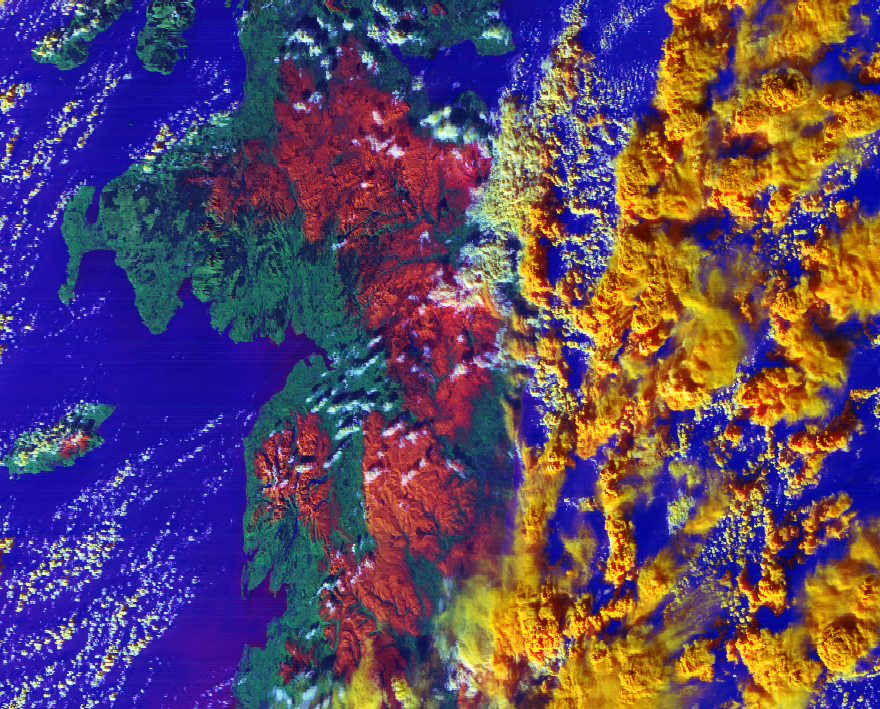 From yesterdays NOAA 21 pass - day microphysics - a crop of the snowy (=red) alps and a better view of the snow on the UK/Scotland.