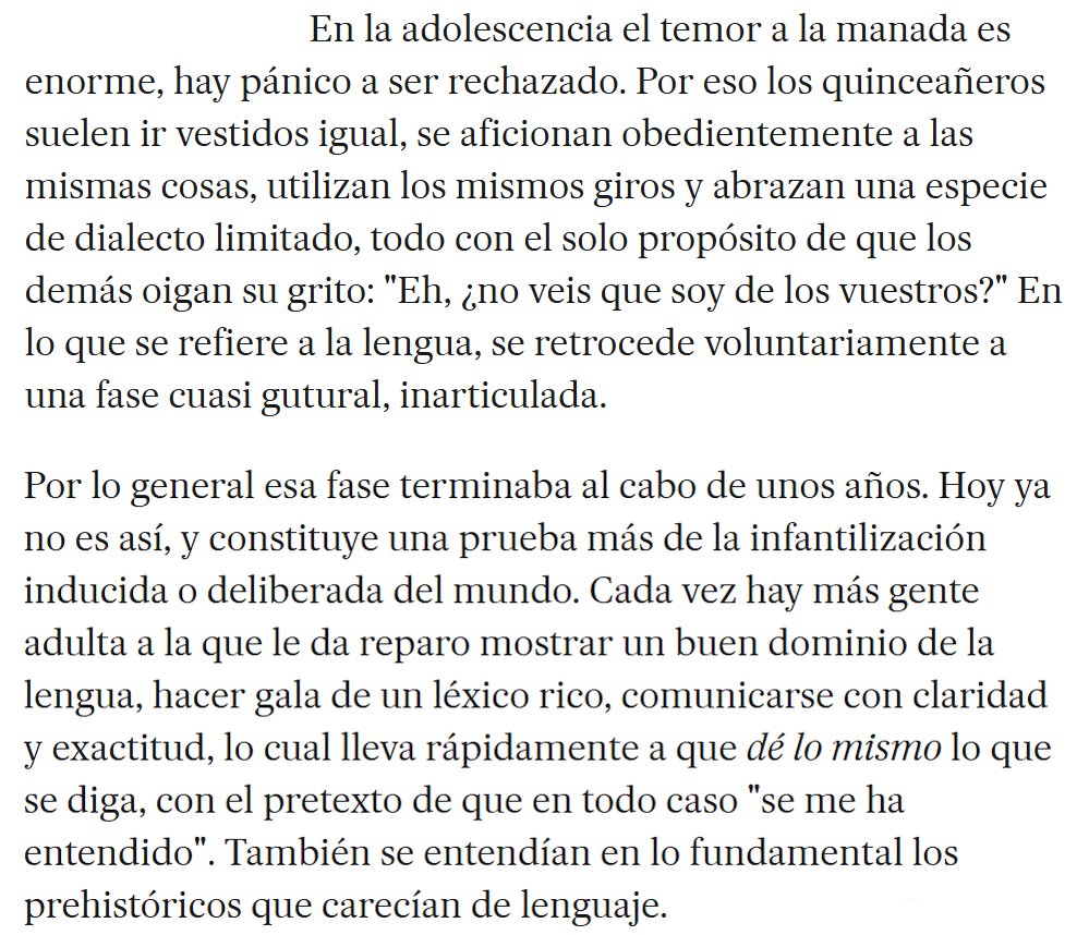 Este artículo de Javier Marías sigue vigentísimo casi 15 años después. Pero esta parte es decisiva para entender la iracunda dialéctica ultra, que es una sarta de graznidos salpimentados con insultos.

archive.ph/yivuj