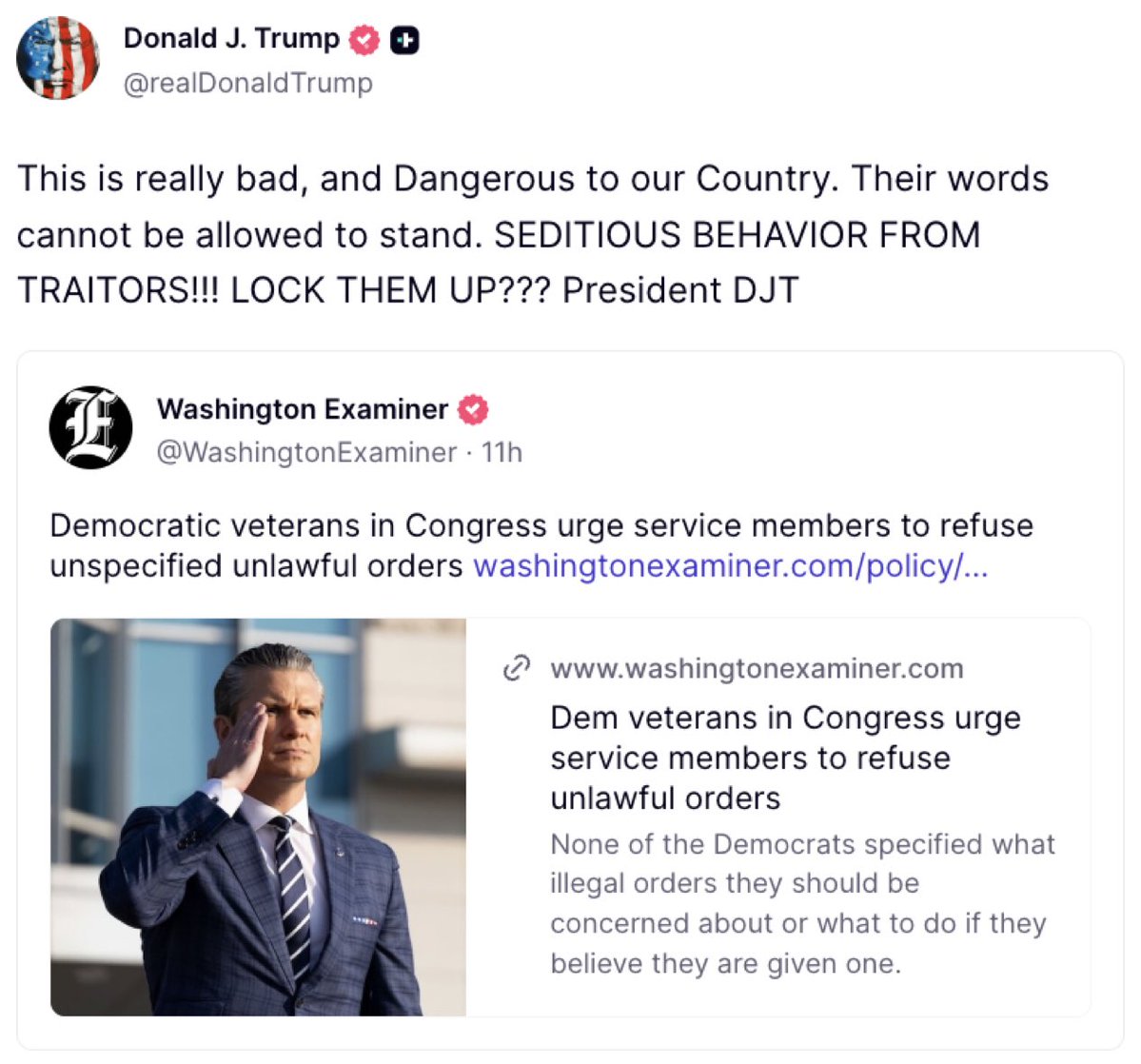 President Trump has called for Democrat leaders to be arrested for telling our military to refuse his orders. 

It’s sedition pure and simple.