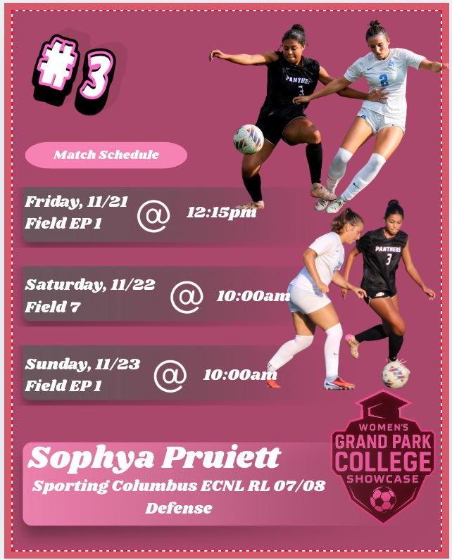Excited for my team and I to compete at the Grand Park College Women’s Soccer Showcase this weekend. Here is our schedule for the weekend. Come check us out. <a href="/Sporting_ECNLRL/">Sporting Columbus ECNL RL</a> <a href="/PNHS_gsoc/">Pickerington North Girls Soccer</a> <a href="/BUKnightsWSOC/">Bellarmine Women's Soccer</a> <a href="/IndStSoccer/">Indiana State Soccer</a> <a href="/ImYouthSoccer/">ECNL/GA/Recruiting/College Soccer</a> <a href="/Coach_Merrick1/">Dave Merrick</a>