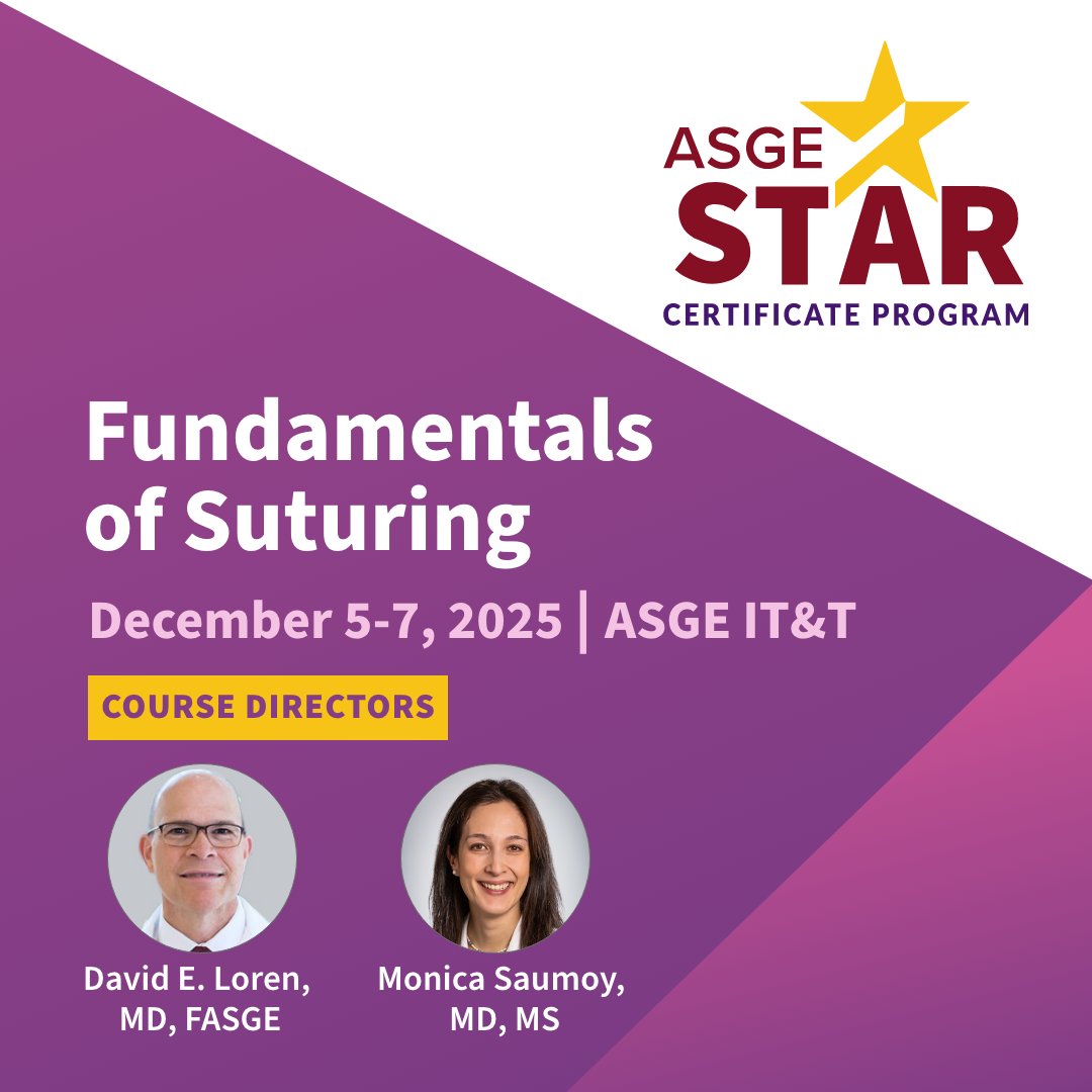 ASGEendoscopy's tweet image. 🚨 Don&apos;t miss hands-on training on suturing fundamentals Dec. 5-7 from Course Directors David E. Loren, MD, FASGE &amp;amp; @MonicaSaumoyMD:

🩺 Advanced techniques
🏢 Bioskills Lab
👩‍⚕️ Expert feedback
📜 STAR Certificate

Limited spots, save your seat! hubs.ly/Q03NzQYr0 #GITwitter