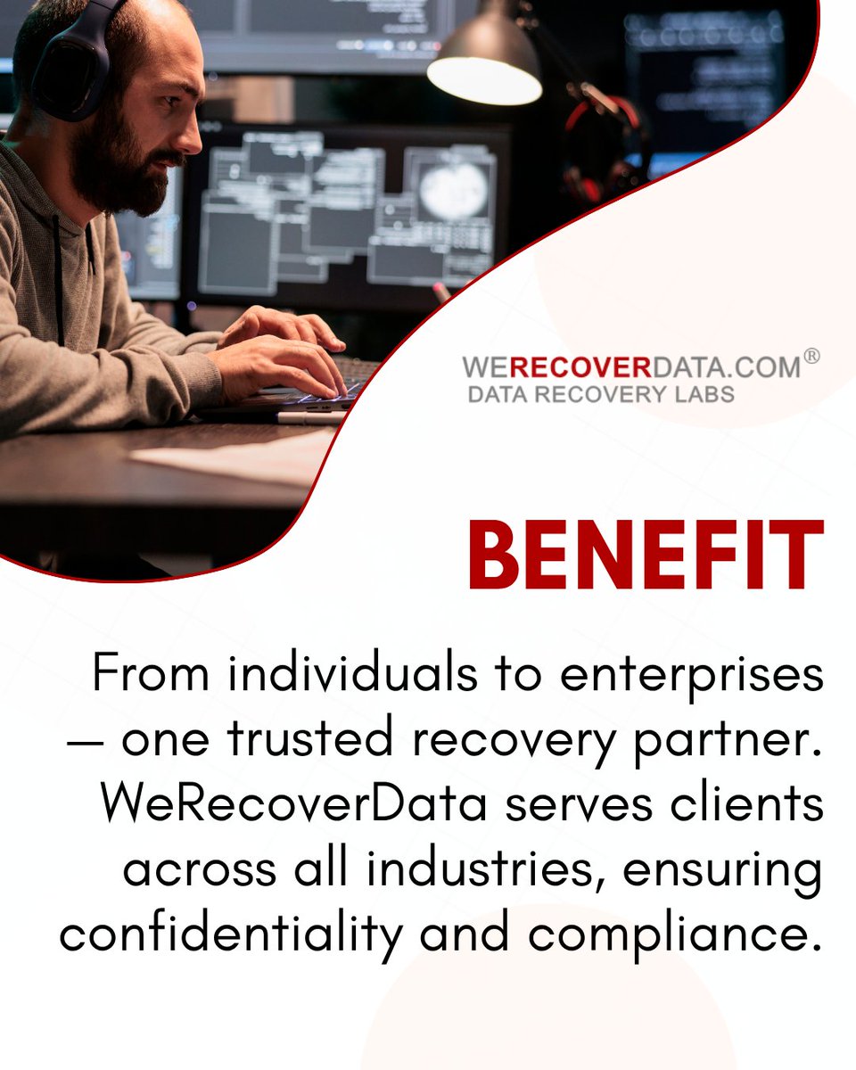 WeRecoverData's tweet image. From individuals to enterprises — one trusted recovery partner. WeRecoverData serves clients across all industries, ensuring confidentiality and compliance.