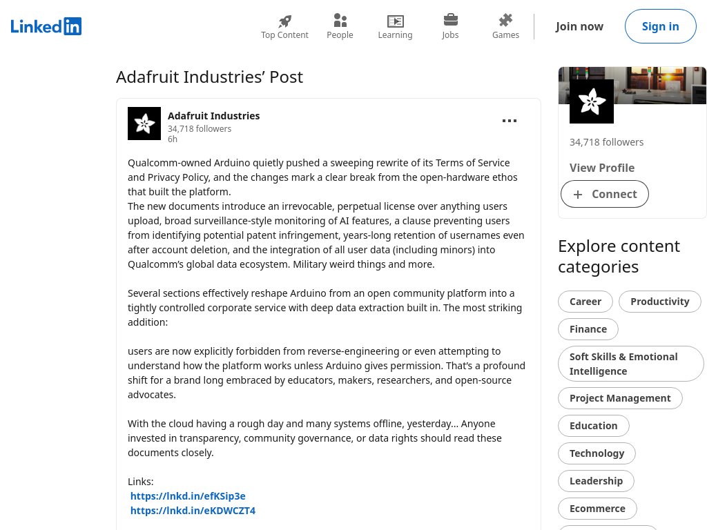 Bugamashoo's tweet image. Attention fellow makers‼️ Be wary of the direction Arduino is going...

Looks like they are enforcing a LICENSE over projects made by USERS IN THE COMMUNITY that are uploaded to their boards.