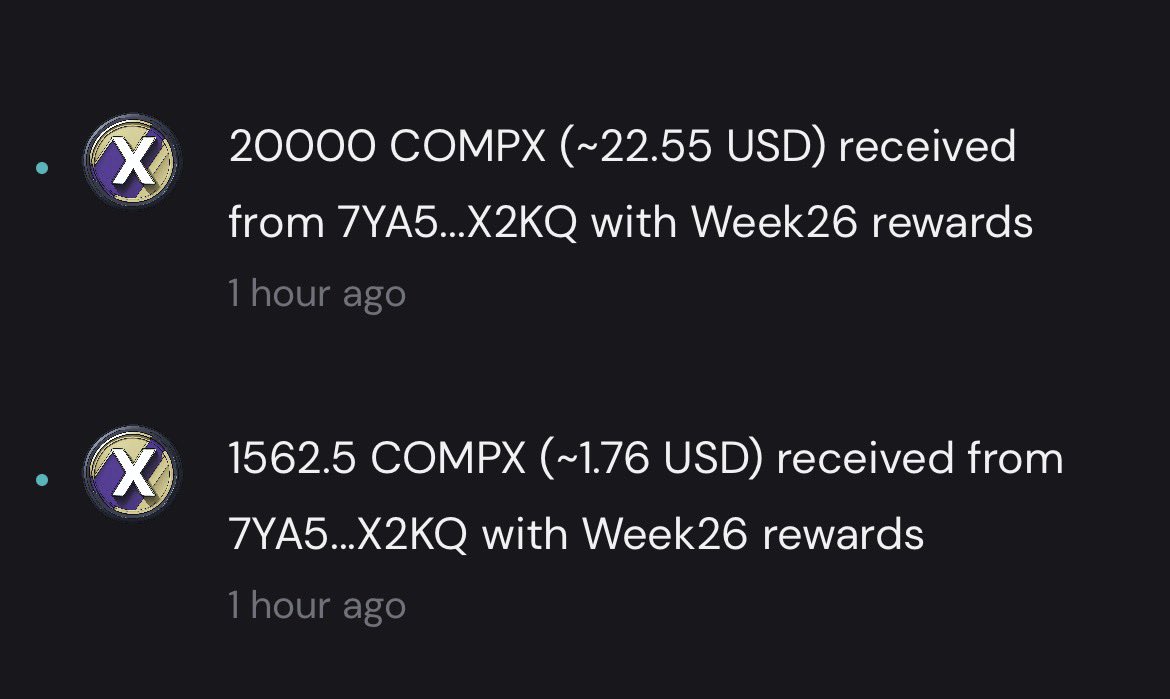 DashawnSun's tweet image. 💜✨ Just got my weekly CompX rewards for Week 26!
Thursdays stay undefeated 🤩💖

Another week, another stack of $COMPX added to the journey 🚀🌸

If you’re in the Algorand community, don’t miss out — jump into the CompX ecosystem and start earning your own weekly rewards 🟣💎…