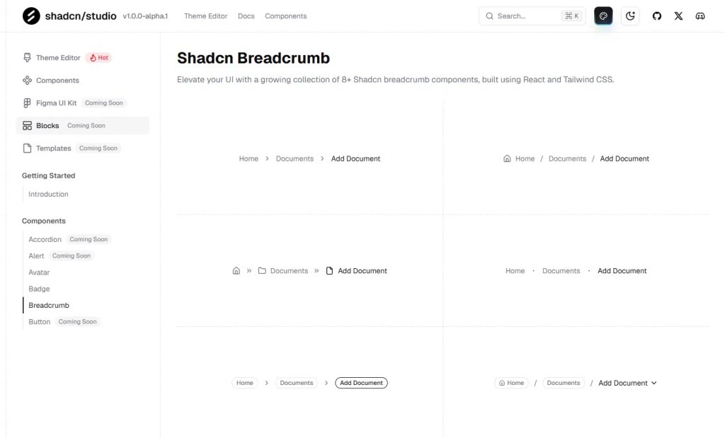 imananddesigner's tweet image. 3️⃣ 𝐒𝐡𝐚𝐝𝐜𝐧/𝐬𝐭𝐮𝐝𝐢𝐨

🧭 A clean, customizable breadcrumb navigation component made for React + Tailwind CSS.
📈 Enhances user navigation with a clear hierarchy.
🎨 Supports multiple themes and variants for any layout.

Check it out: shadcnstudio.com/docs/component…