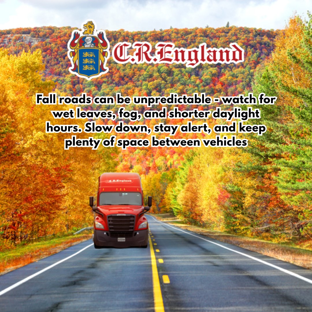 CREngland's tweet image. Stay safe out there, and remember to be like C.R. England — Safe &amp;amp; On-Time Every Time 💯🚚

#CREngland #TruckingCompany #FallDriving #Safety #SafetyTips