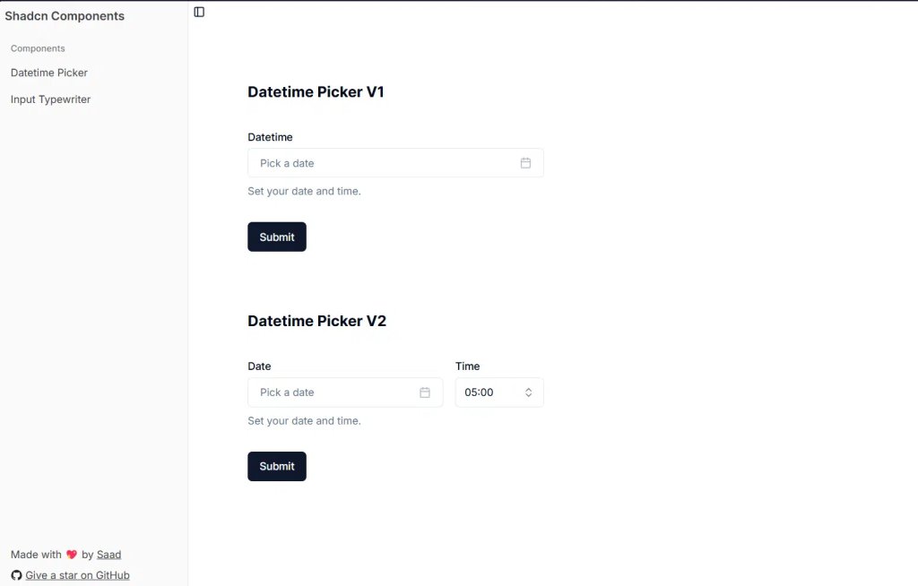 imananddesigner's tweet image. 4️⃣ 𝐃𝐚𝐭𝐞𝐓𝐢𝐦𝐞 𝐏𝐢𝐜𝐤𝐞𝐫

A user-friendly date and time selector component for React apps.
Built using Shadcn UI + Tailwind CSS.

𝐓𝐰𝐨 𝐦𝐨𝐝𝐞𝐬:
📅 V1 – Date + Time picker
⏰ V2 – Date picker with a separate time input

Check it out: shadcn-datetime-picker.vercel.app/datetime-picker