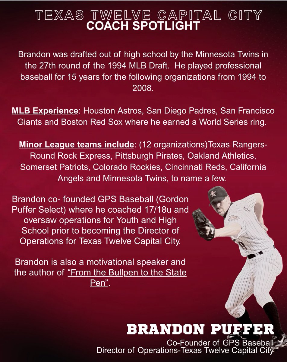 GPSTEXASBASEBA1's tweet image. 💥Coaches Spotlight!💥
After 8 years of leading GPS baseball coach Puffer is so grateful for the opportunity to lead young men on &amp;amp; off the field as director of @TwelveBaseball Capital City! The best is yet to come. 
Jer. 29:11