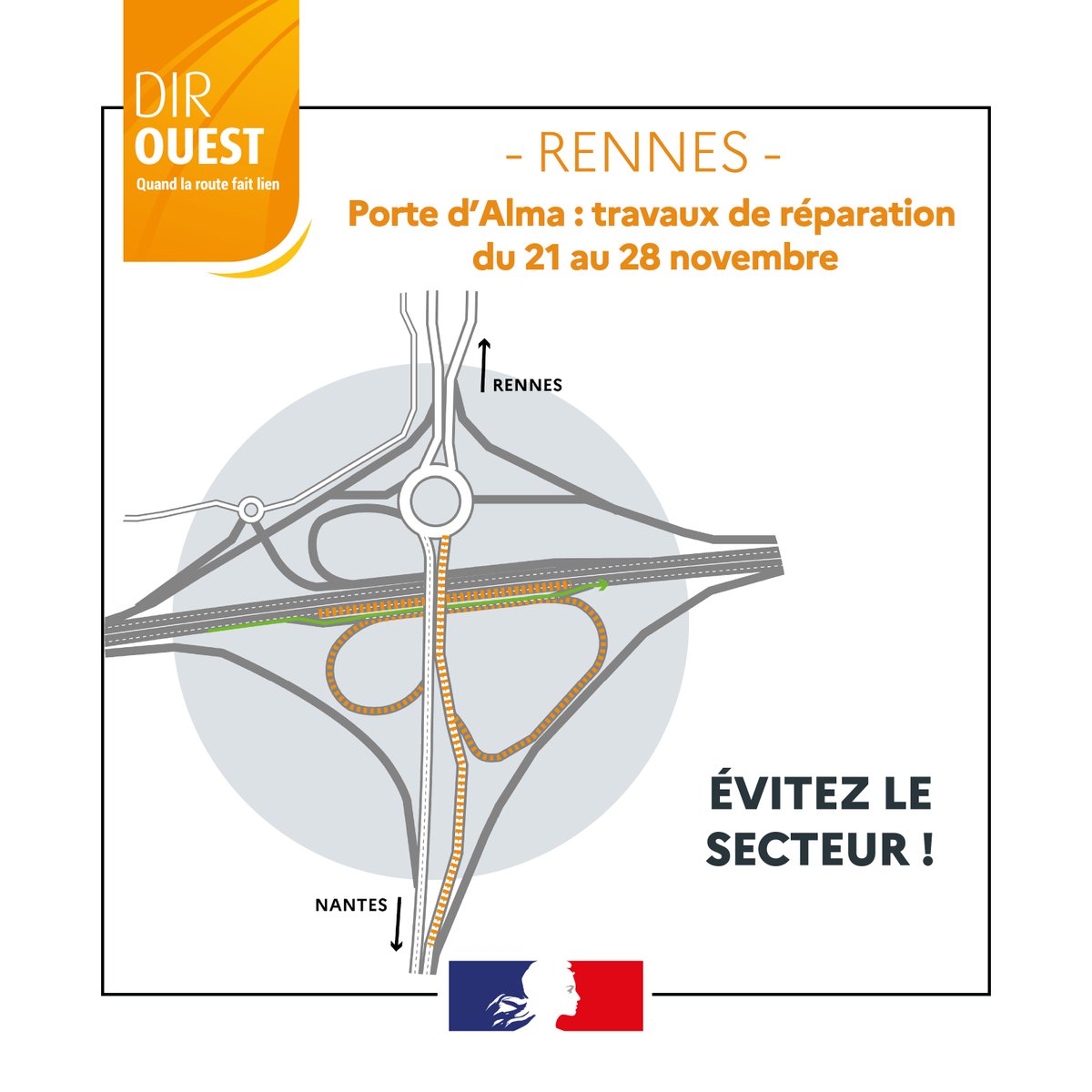 #Travaux🚧| Pont de l’Alma - Rennes
Du 21 novembre 21h au 28 novembre à 7h, travaux de réparation du pont
🔴Très fortes perturbations de circulation attendues !
⚽Match de foot du <a href="/staderennais/">Stade Rennais F.C.</a> samedi soir : anticipez vos déplacements !
Toutes les infos 👉diro.fr