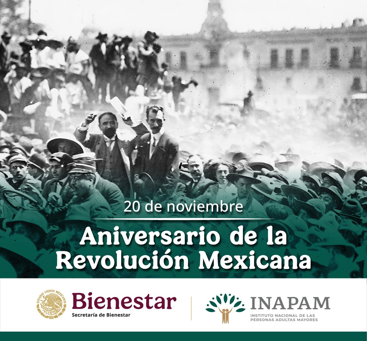 INAPAM's tweet image. #Hoy #20DeNoviembre #Conmemoramos el inicio de la #RevoluciónMexicana una #Lucha del #Pueblo por la #Justicia #Igualdad y los #DerechosSociales 
¡Viva la Revolución!
 ¡Viva México! 🇲🇽 
#OrgulloMexicano #MéxicoConHistoria