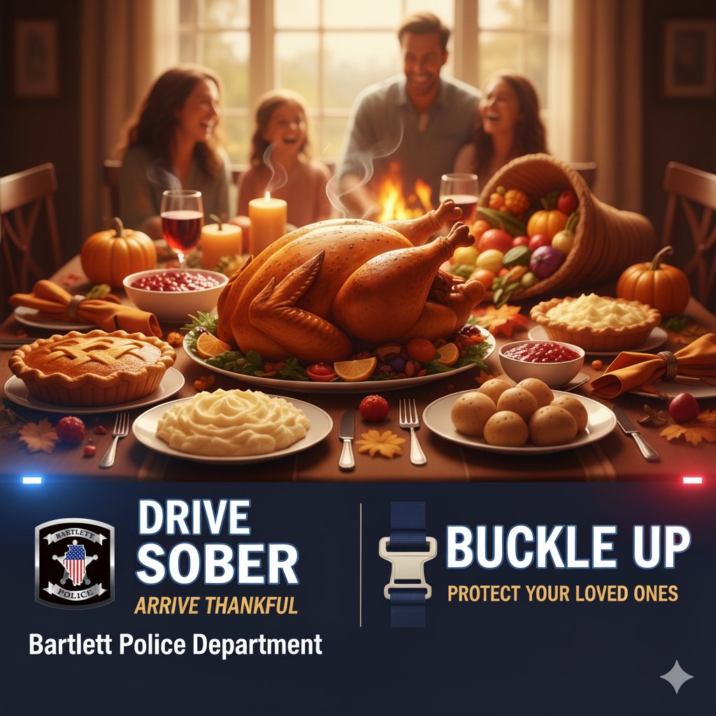 bartlettpd's tweet photo. Keep the thanks in Thanksgiving: Don’t drink and drive. #DriveSoberOrGetPulledOver #ItsNotAGame https://t.co/0DZCfXuxYk