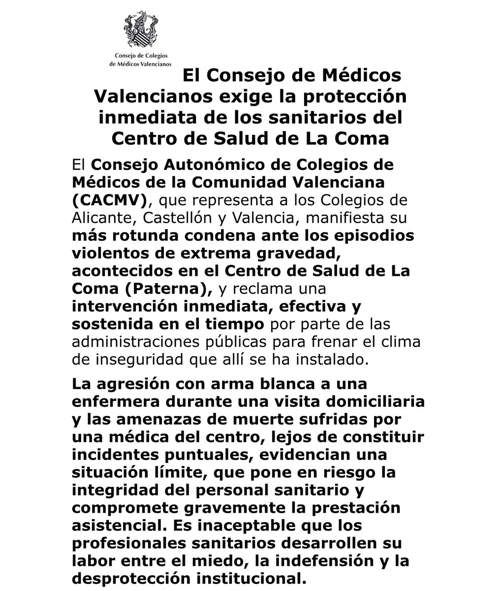 CESM_CV's tweet image. El consejo de Médicos valencianos exige la protección inmediata de los sanitarios del centro de salud de la Coma . 
@cesm_sindicatos