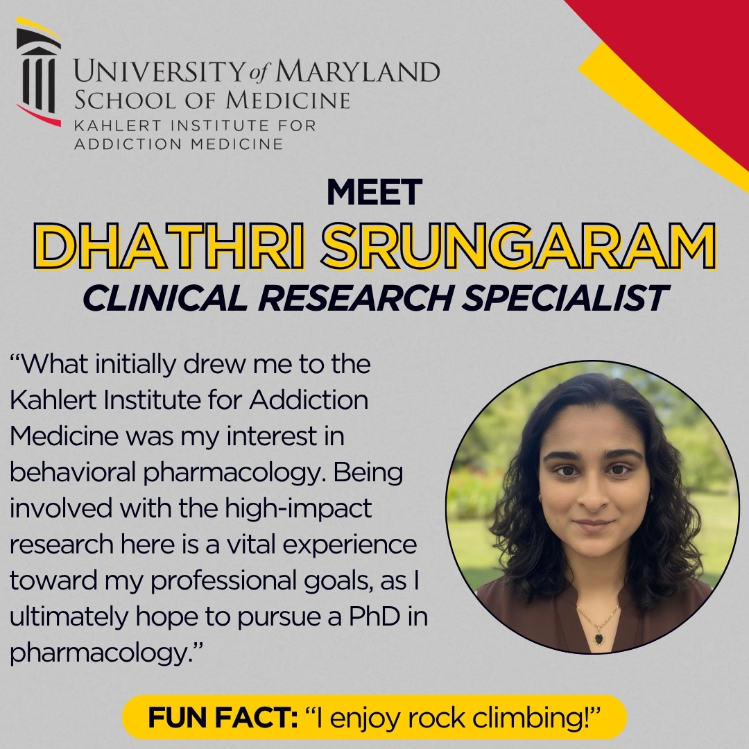 Kahlert_UMSOM's tweet image. Time for another edition of #MeetTheMinds! 🧠
 
We are spotlighting Dhathri Srungaram, a clinical research specialist.
 
Learn more about the mission behind the Kahlert Institute for Addiction Medicine by visiting addiction.umaryland.edu.
 
#AddictionScience #Personnel #Research