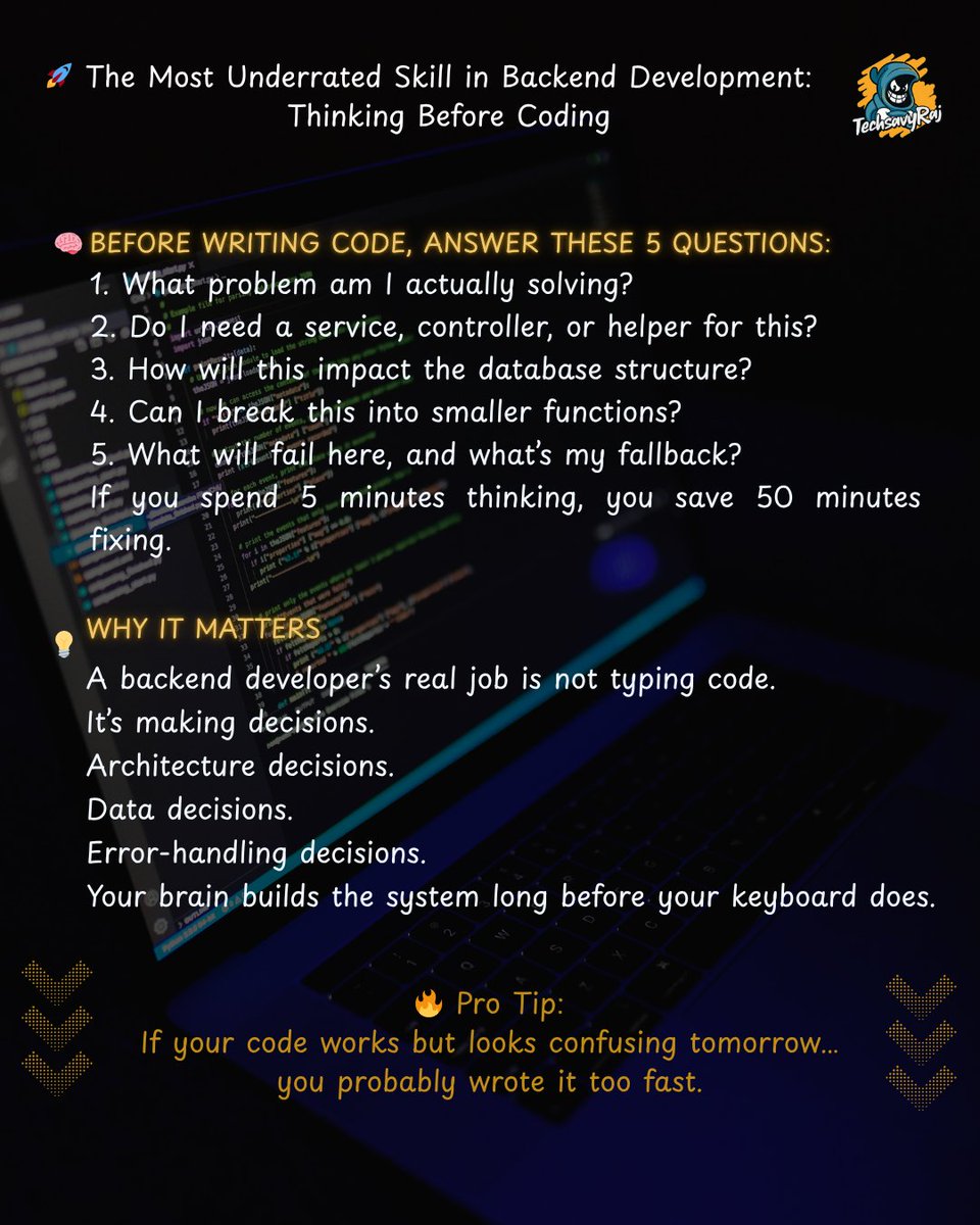 TechsavyRaj's tweet image. 🚀 The Most Underrated Skill in Backend Development: Thinking Before Coding

#BackendDevelopment #PHP #Laravel #CodeIgniter #WebDevelopment #CleanCode #ProgrammingTips #SoftwareEngineering