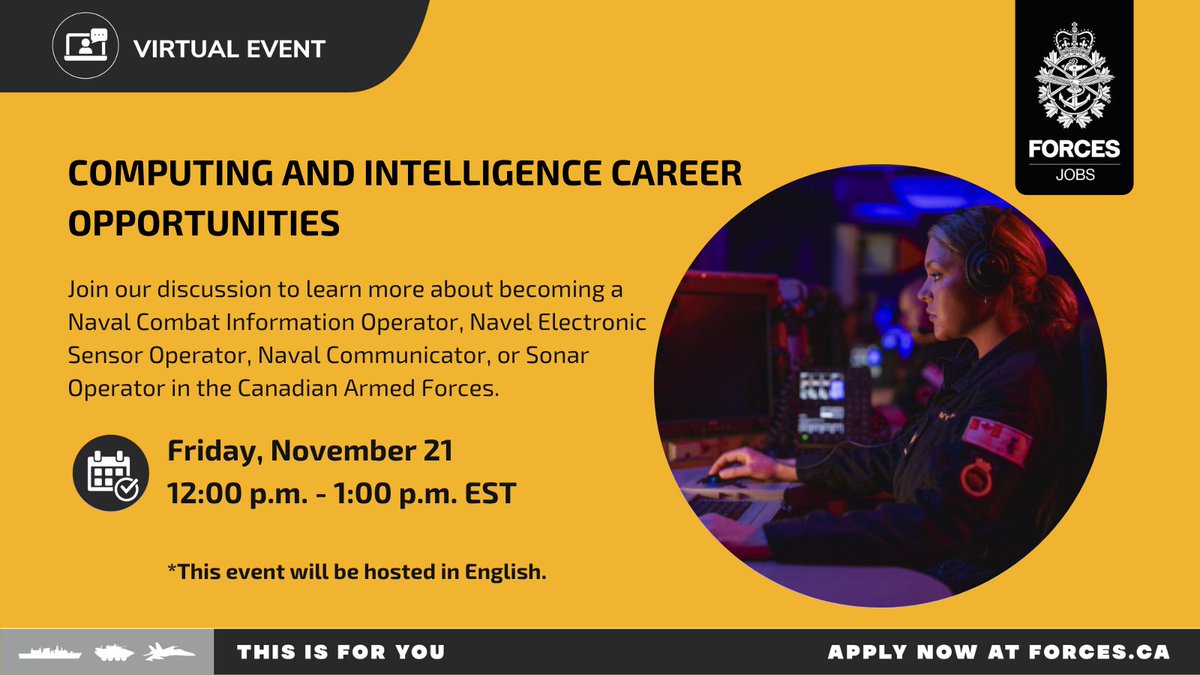 CanadianForces's tweet image. Register for our webinar to speak with recruiters and learn more about how you can join our team as a Naval Combat Information Operator, Naval Electronic Sensor Operator, or Naval Communicator: forces.ca/en/events/#/re…