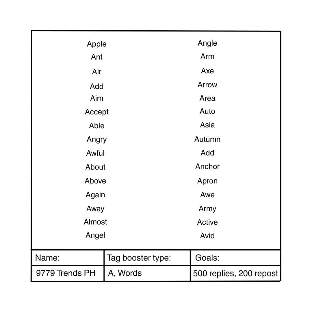 9779_trendsPH's tweet image. [Tag Booster No. 2]

List of A words

Guys, if you can, tweet all the words here. 30 tweets will be added to our count if you do!

FINAL DRAFT FINAL LOVE
#LoveDesignFinalEP