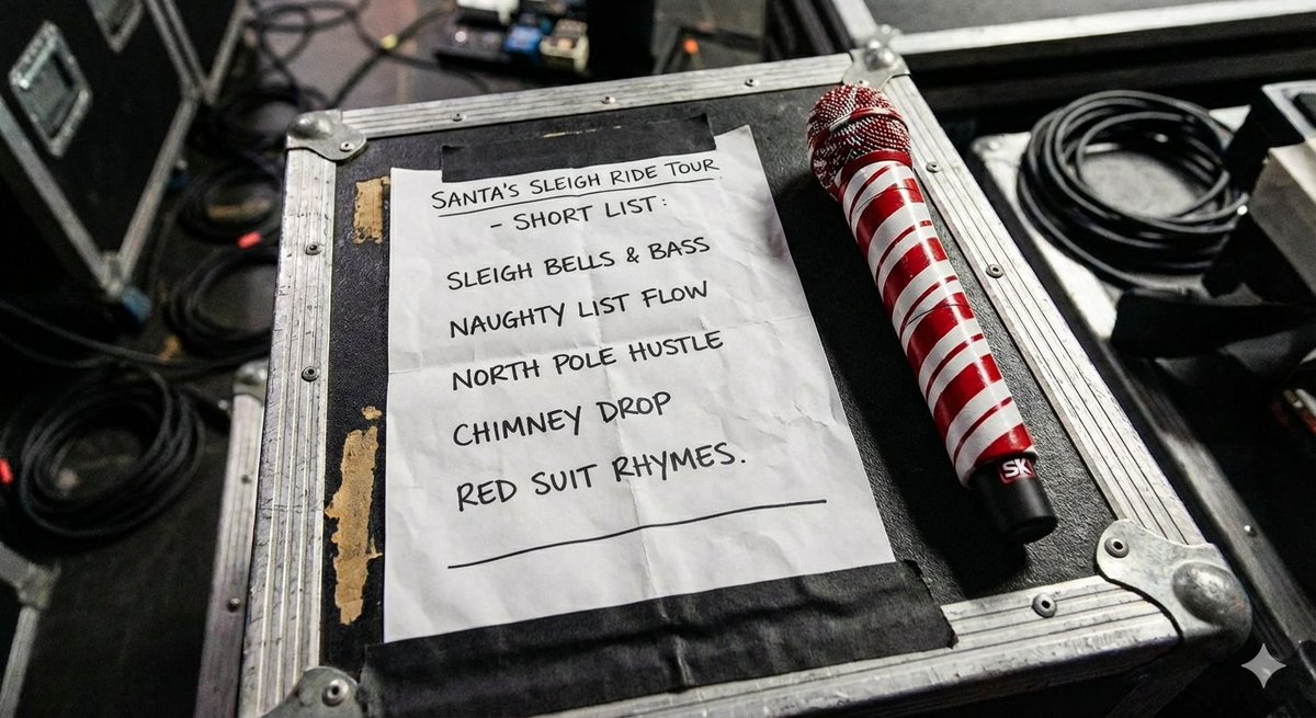 5)作为创意伙伴,协助你绘制故事板,构思创意。
它非常擅长说“是的,而且……”——即使你一开始说的是比较模糊的话。
我告诉它我想讲述一个圣诞老人以说唱歌手身份巡演的故事。它想出了演出歌单、幕后花絮照和巡演巴士。