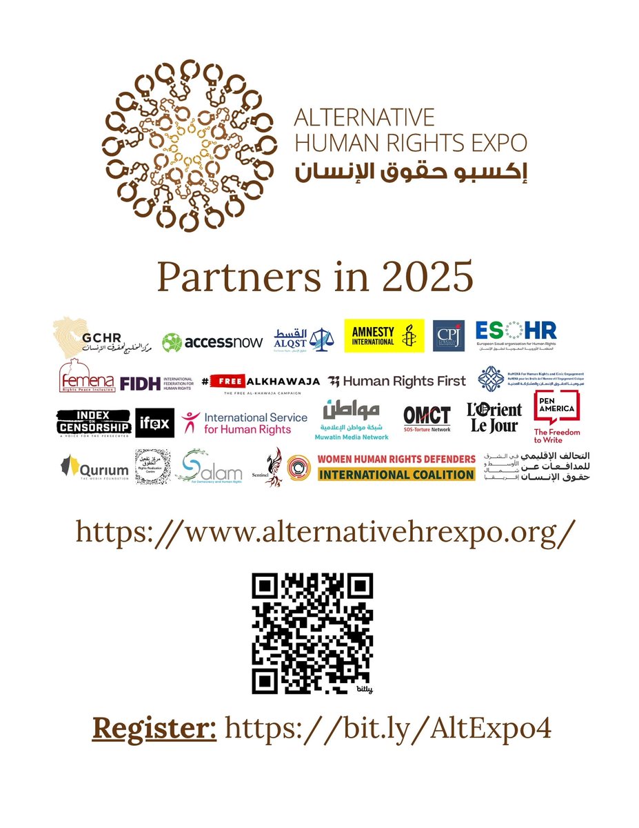 GulfCentre4HR's tweet image. Watch the Alternative Human Rights Expo 4 on 4 December to support women human rights defenders in prison in Egypt, Iran, Saudi Arabia &amp;amp; Tunisia. Honour women journalists from Gaza. With music, art &amp;amp; poetry from Kuwait, Syria, Sudan &amp;amp; Palestine
Register at bit.ly/AltExpo4
