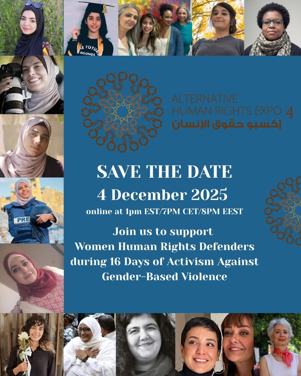 GulfCentre4HR's tweet image. Watch the Alternative Human Rights Expo 4 on 4 December to support women human rights defenders in prison in Egypt, Iran, Saudi Arabia &amp;amp; Tunisia. Honour women journalists from Gaza. With music, art &amp;amp; poetry from Kuwait, Syria, Sudan &amp;amp; Palestine
Register at bit.ly/AltExpo4