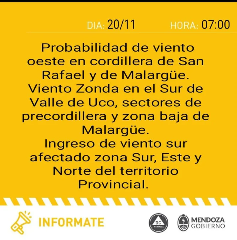#ÚltimoMomento | Alerta por viento Zonda 

📚 La DGE suspendió las clases presenciales en el turno tarde de este jueves 20 de noviembre en Malargüe, San Rafael y General Alvear.

⚠️Todos los niveles y modalidades.